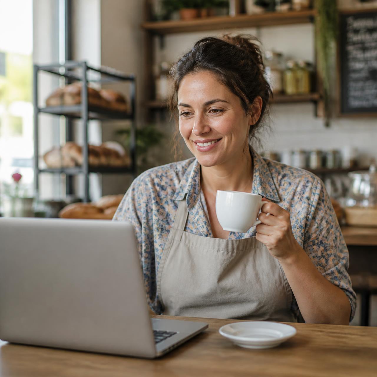 Selbstständige lächelt entspannt am Laptop in ihrem Café